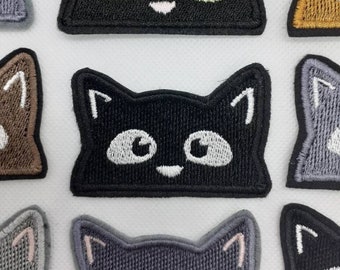 Black peeking cat face. Iron-on/sew on patch. Cat lovers gift. Clothes and bag accessory embroidered. Grey cat