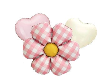 Paquete de globos con flores y corazones de cuadros rosas, decoraciones florales para fiestas, fiestas en el jardín, Día de la Madre.