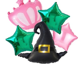 Pink Crown, Black Witch Hat, Stars Balloon Bundle, Girl Party Decorations
