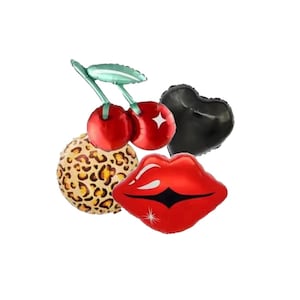 May include: A selection of foil balloons in different shapes. Features red cherries with green stems, a black heart, a leopard print circle, and red lips with a black outline.