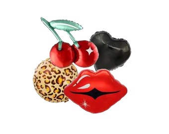 Kirschen & Leoparden Muster Ballon Blumenstrauß | Kokette Ballon-Set | Lippen und Herzballons | Trendy Geburtstagsparty Dekor | Girls Night Luftballons