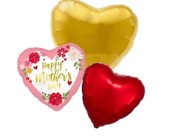 Kit com 3 balões metalizados para o Dia das Mães, com estampa floral e em formato de coração. Ideal para arco de balões e decoração de festas.