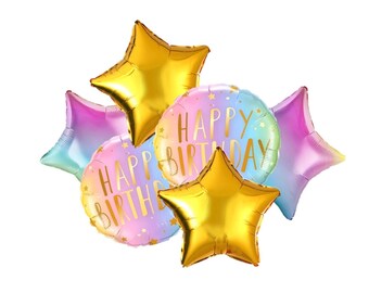 Ramo de globos de feliz cumpleaños con arcoíris pastel – Globos de papel de aluminio con estrellas doradas – Decoración para fiestas de cumpleaños – Paquete de globos – Decoración para fiestas DIY