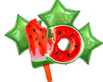Zomerballonboeket watermeloen | Zwemring watermeloen en folieballonnen ijslolly | Decoraties voor zwembadfeesten | BBQ | Picknick