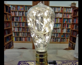May include: A fairy light bulb with a clear glass globe and a silver metal base. The bulb is lit and the lights are visible through the glass. The bulb is sitting on a book with the title "Stephen King" visible. The text "Fairy light bulb + $15" is visible in the image.