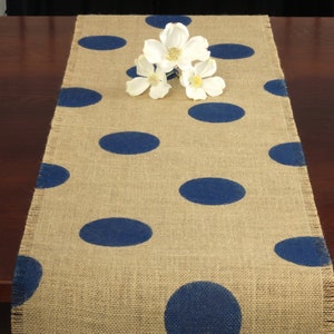 Navy Blue Polka Dot Table Runner, Natural Burlap, Rustic, Farmhouse, Handmade Burlap Table Runner, Home Decor, Holiday Runner, Modern Runner