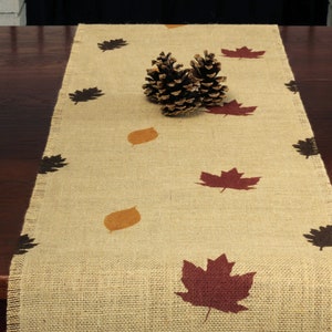 Fall Burlap Table Runner, Brown, Golden Brown and Barn Red Leaves Runner, Fall Table Runner, Fall Runner, Autumn Decor, Fall Decor