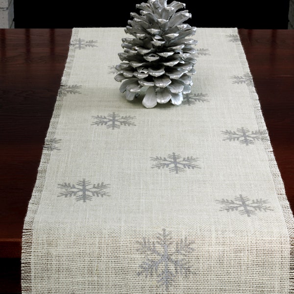 Christmas Burlap Table Runner, Christmas Silver Snowflake Runner, Christmas Runner, Christmas Decor, Winter Runner, Christmas Party