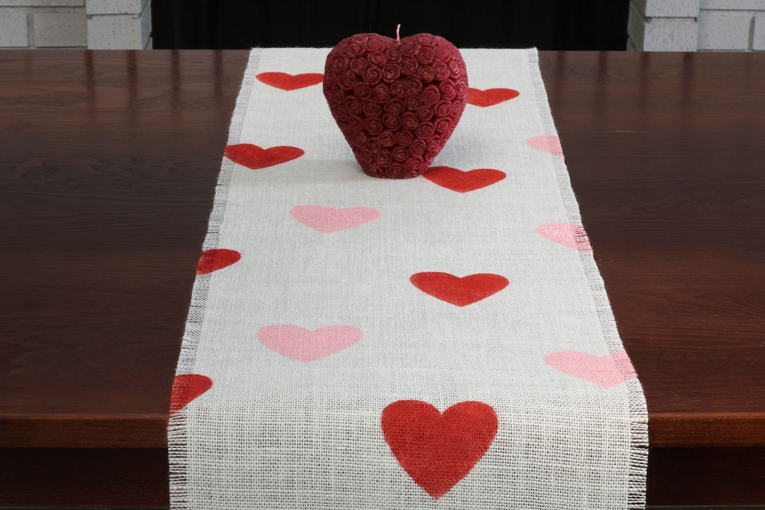 Valentine's Burlap Table Runner, Valentine's Day Red and Pink Heart
