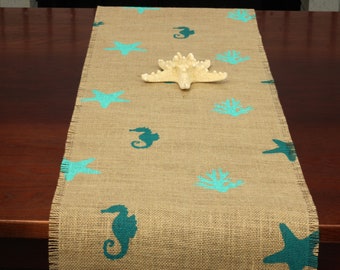 Beach Burlap Table Runner, Teal and Turquoise Sea Table Runner, Beach Runner, Seashells, Starfish and Coral Runner, Summer Decor
