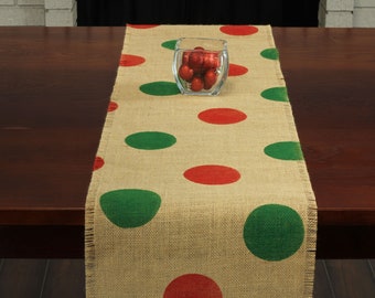 Christmas Burlap Table Runner, Christmas Red and Green Polka Dot Runner, Natural Runner, Christmas Runner, Christmas Decor, Christmas Party