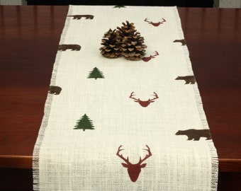 Camino de mesa de arpillera con motivos de cabaña, ciervo, árbol y oso, camino de mesa de cabaña, camino de mesa natural, decoración de verano