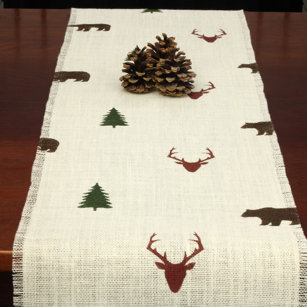 Cabin Burlap Table Runner, Deer, Tree and Bear Table Runner, Cabin Runner, Nature Runner, Summer Decor