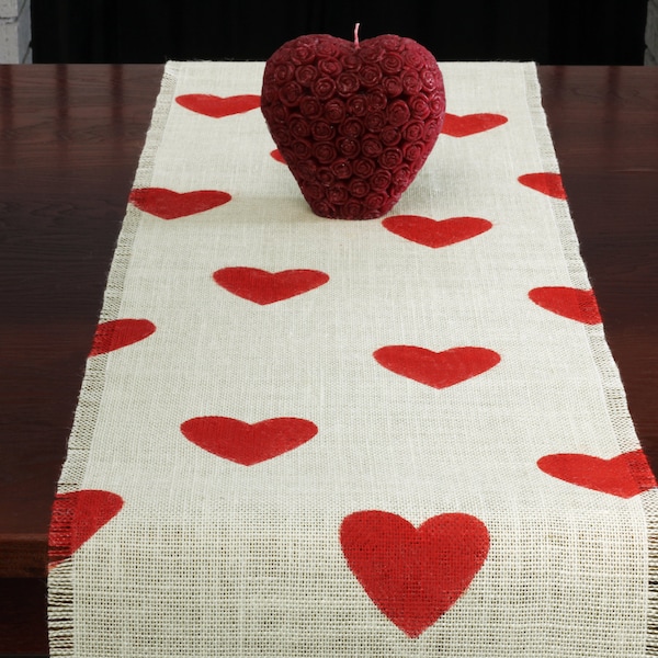 Valentine's Burlap Table Runner, Valentine's Day Red Heart Runner, Valentine's Day Runner, Valentine's Day Decor, Valentine's Party