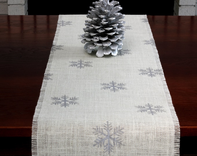 White Christmas Table Runner With Tan Snowflakes, Cotton Winter Table