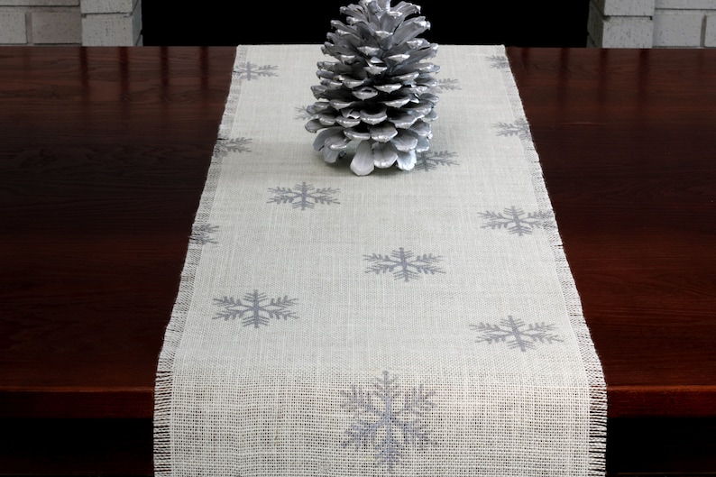 Winter Burlap Table Runner, Winter Silver Snowflake Runner, Winter Runner, Winter Decor, Winter Runner, Winter Party image 1