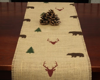 Cabin Burlap Table Runner, Deer, Tree and  Bear Table Runner, Cabin Runner, Nature Runner, Burlap Runner, Summer Decor