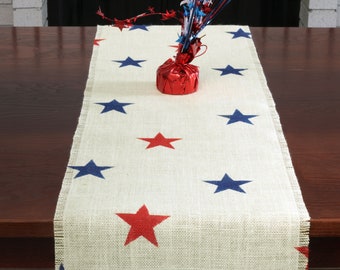 Independence Day Burlap Table Runner, Independence Red and Blue Star Burlap Runner, Independence Day Runner, Independence Day Decor