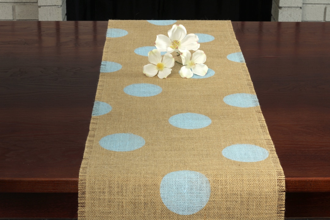 Baby Shower Burlap Table Runner, Baby Shower Light Blue Polka Dot