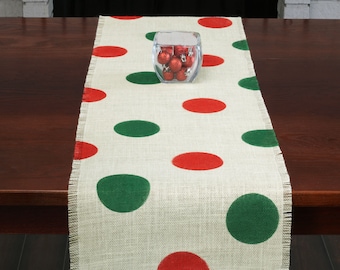 Christmas Burlap Table Runner, Christmas Red & Green Polka Dot Runner, Off White Runner, Christmas Runner, Christmas Party, Christmas Decor