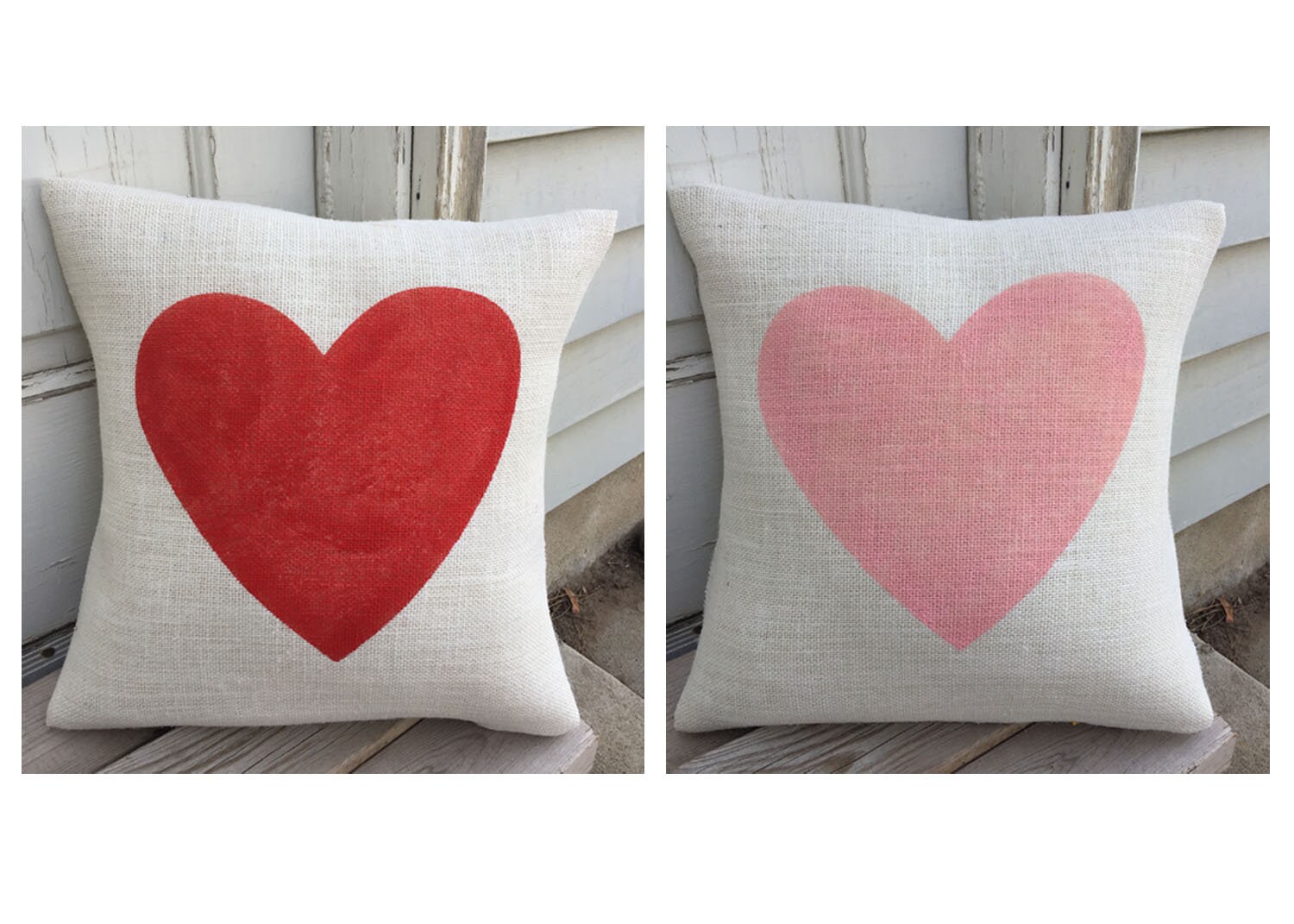 Valentines Day Bright Red And Light Pink Heart Burlap Pillow Etsy