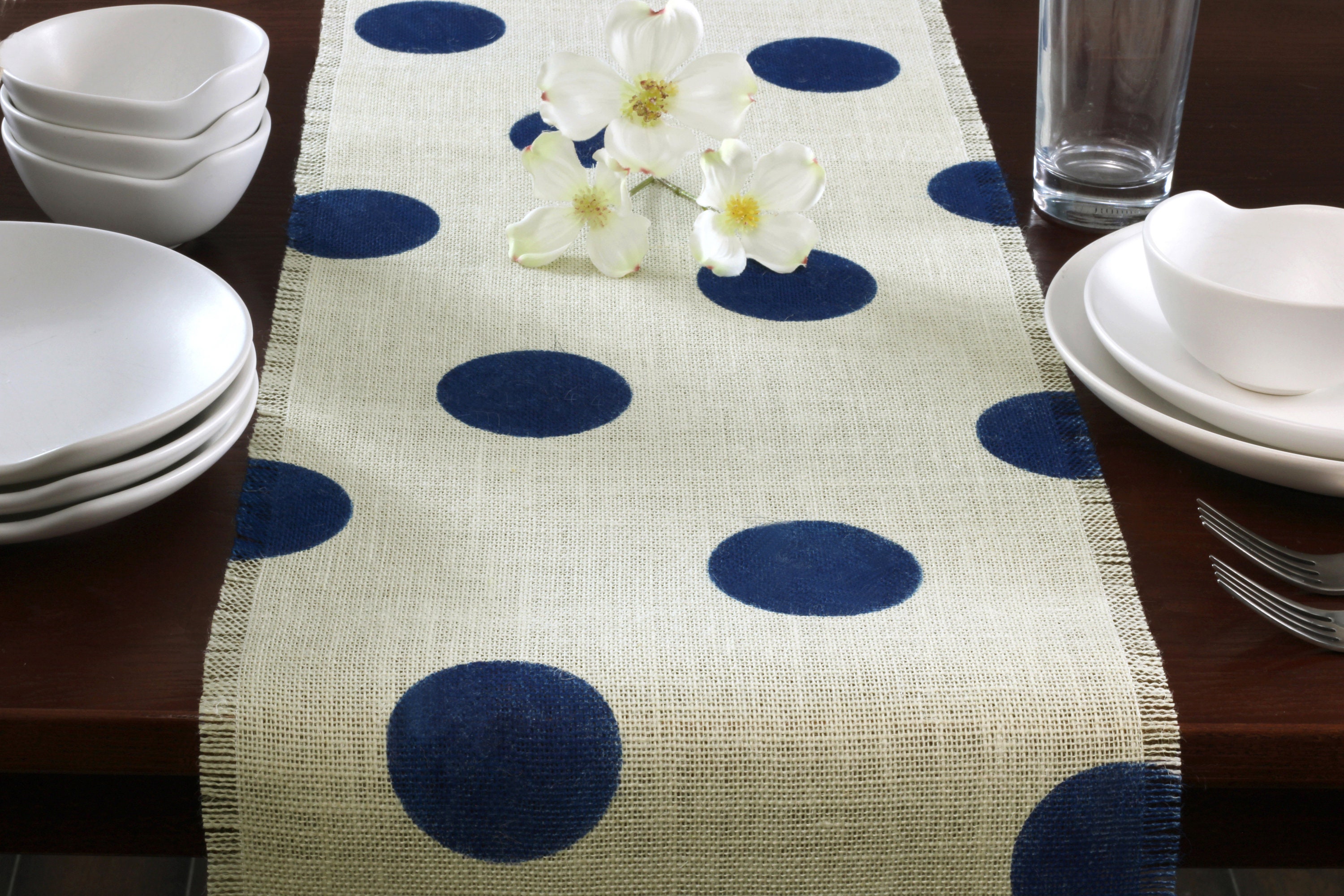 Burlap Table Runner Navy Blue Polka Dot Table Runner Table Etsy