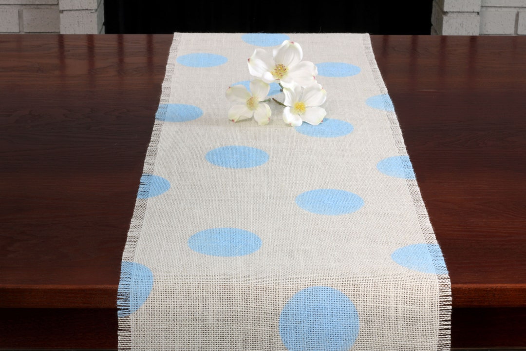Baby Shower Burlap Table Runner, Baby Shower Light Blue Polka Dot