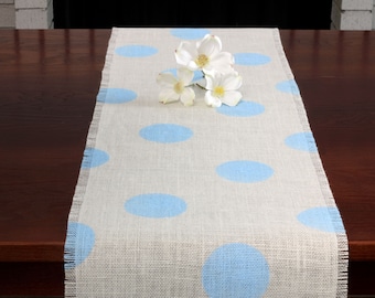 Baby Shower Burlap Table Runner, Baby Shower Light Blue Polka Dot Runner, Baby Shower Runner, Baby Shower Decor, Baby Shower Party