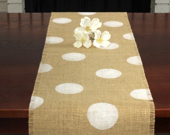 Handmade Burlap Table Runner: White Polka Dot Farmhouse Decor