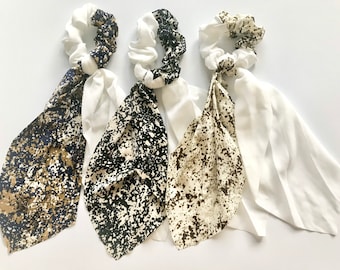 Two-Tone Satin Scarf Scrunchie, Abstract Hair Tie with Bow
