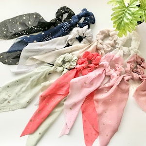 Stars Scarf Scrunchies, Hair Scrunchies Scarf, Ponytail Scarf, Scarf with knot, Scrunchies Hair Tie with bow