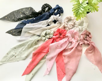 Stars Scarf Scrunchies, Hair Scrunchies Scarf, Ponytail Scarf, Scarf with knot, Scrunchies Hair Tie with bow