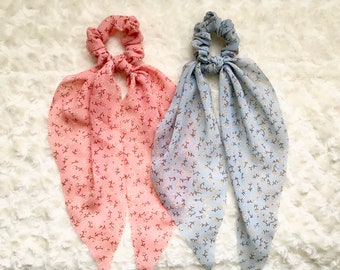 Floral Chiffon Scarf Scrunchie, Hair Tie with Knot