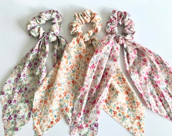Floral Scrunchies with bow,Summer Scarf Scrunchies