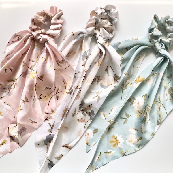 Scarf Scrunchies,Satin Scarf Scrunchies, Scrunchie Pack, Scarf with knot, Silk Hair Scarf, Floral Scrunchies Hair Tie with bow