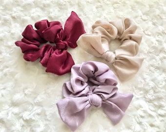 Satin Bow Scrunchies, Detachable Rabbit Ear, Shimmer Hair Tie