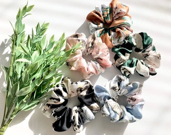 Floral Satin Hair Scrunchies, Handmade Spring Summer Set