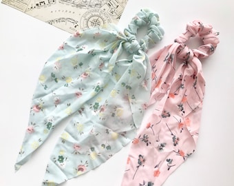 Floral Chiffon Scarf Scrunchie, Hair Bow Knot