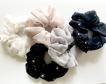 Scrunchies estrella, Celestial Gold Star Scrunchies, Moon Scrunchies, Scrunchies gris beige, conjunto de scrunchies de gasa, paquete de scrunchies