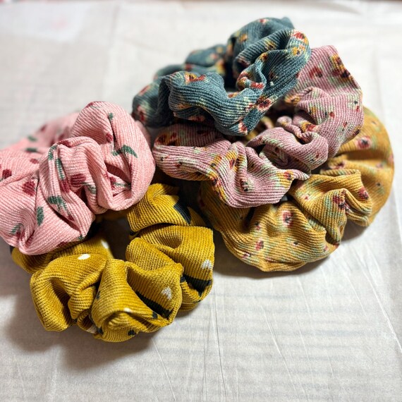 Corduroy Floral Scrunchies , Soft Hair Tie