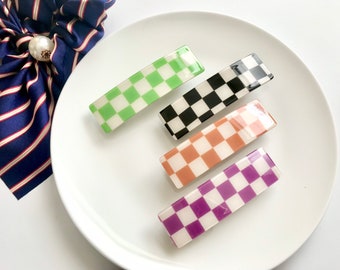 Checkered Barrette, Retro Rectangle Hair Clips, Vintage Inspired Statement Hair Clip, Acetate Cellulose