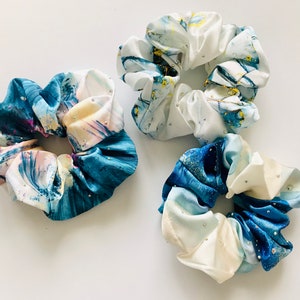 Blue Satin Hair Scrunchies Pack, Oil Painting Scrunchies, Spring Scrunchy, Summer Scrunchies, Rhinestone Women’s Scrunchies