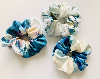 Blue Satin Hair Scrunchies Pack, Oil Painting Scrunchies, Spring Scrunchy, Summer Scrunchies, Rhinestone Women’s Scrunchies