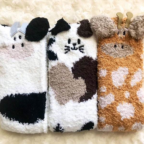 Animal Socks, Giraffe Socks, Cow Socks, Kitten Socks, Cat Socks, Women’s Christmas Fuzzy Socks, Set of 3 Floor Socks