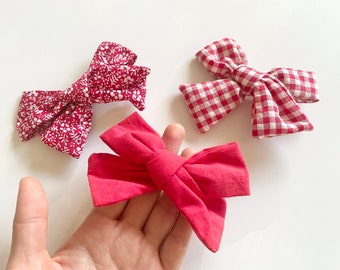 Set of 3 Red Bow Hair Clip, Alligator Clip, Plaid Floral Solid Hair Clip