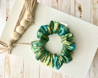 Handmade Blue and Gold Foil Scrunchie, Skinny Hair Tie