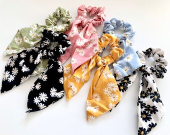 Daisy Scrunchie Scarf With Tail, Hair Scarf Scrunchies, Yellow Flower Scrunchies