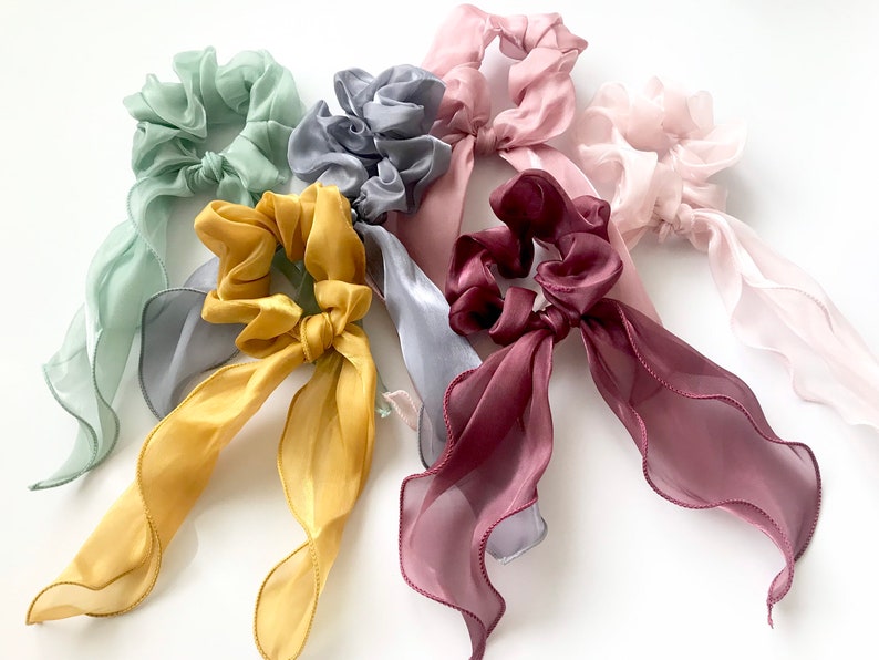 Organza scarf scrunchies, Bow Scrunchy, Scrunchies, Wedding Scrunchies /Netrual Scrunchies / satin scarf / hair scarf image 1