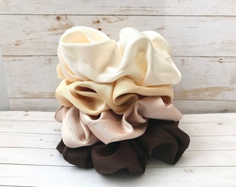 Large Silky Satin Scrunchies, Neutral Hair Tie Set of 4