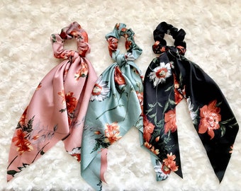 Floral Satin Scarf Scrunchies, Hair Tie Set of 3